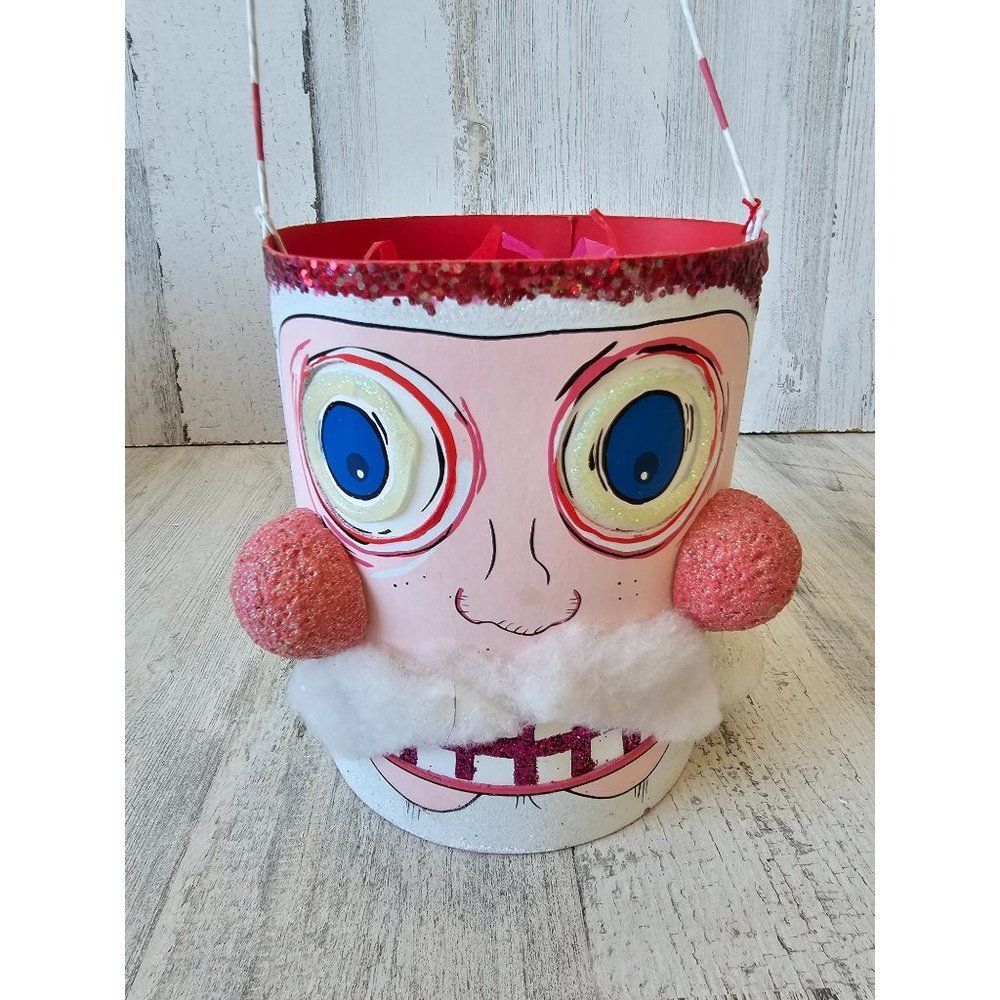 Unique scary Santa basket Xmas decor shabby chic‎ glitter vintage